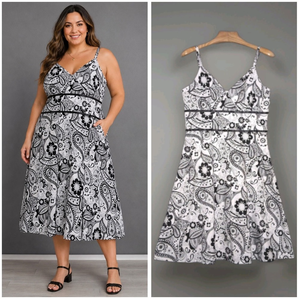 Breakin' Loose  Fit N Flare Sleeveless Dress SIze 14 Black White Floral Paisley